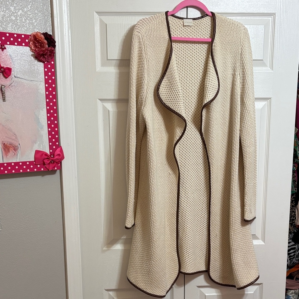 Chico's Beige Cardigan with Dark Brown leather trim